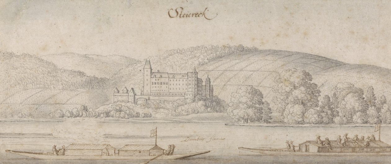 Utsikt över Steiereck vid Donau, ca 1636 (penna & brunt bläck med tvätt på papper) av Wenceslaus Hollar