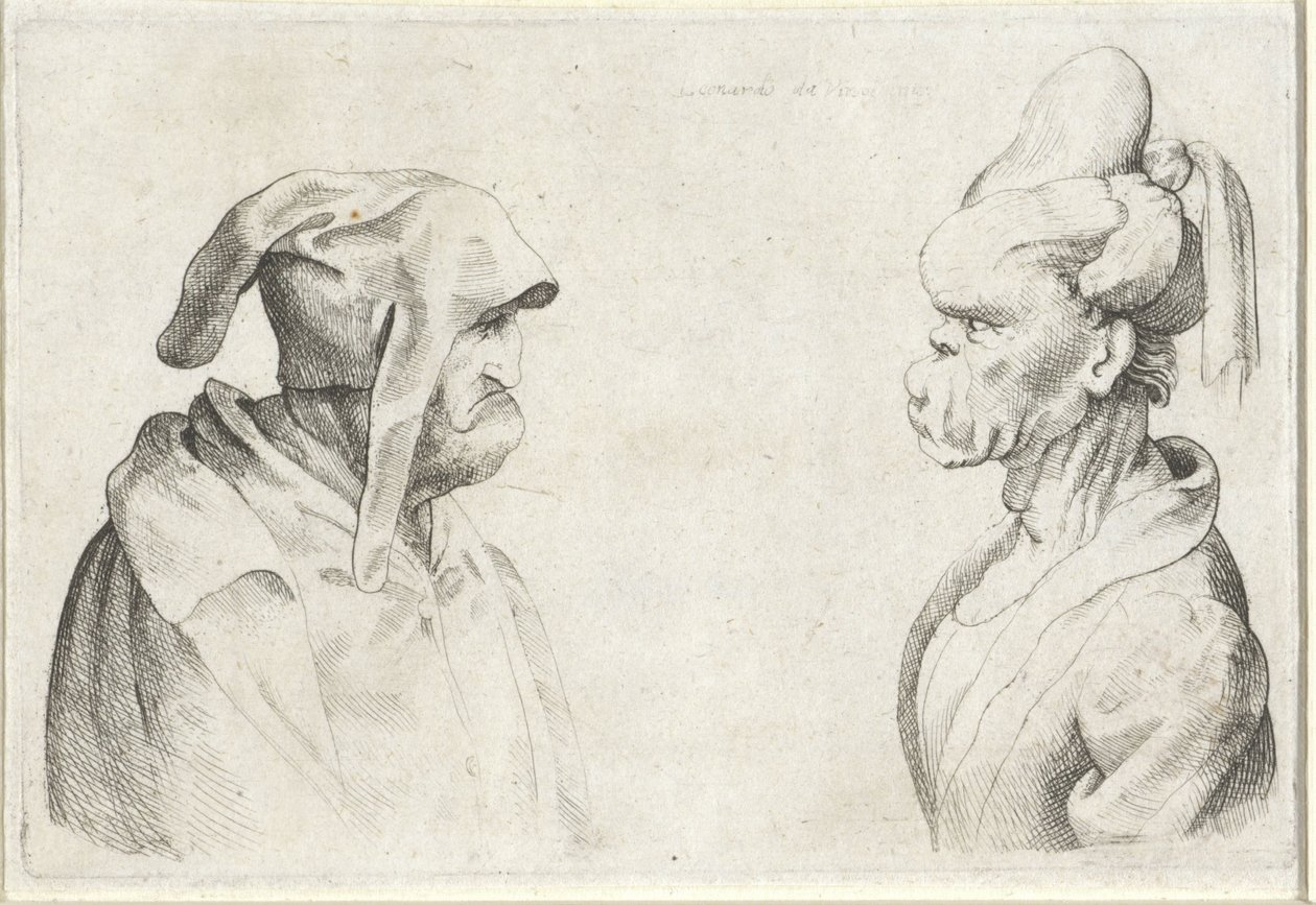 Deformerade huvuden på en man med en disketthatt och en kvinna med bundet hår Varie figurae et probae (serietitel) Karikatyrer, huvuden och missbildningar efter Leonardo da Vinci (serietitel) av Wenceslaus Hollar (attributed to)