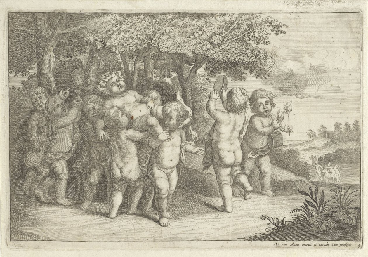 Små pojkar som gör musik och dansar bär en bacchant av Wenceslaus Hollar (rejected attribution)