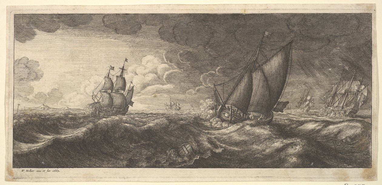 En yacht och tre krigsfartyg i en storm, 1665. av Wenceslaus Hollar