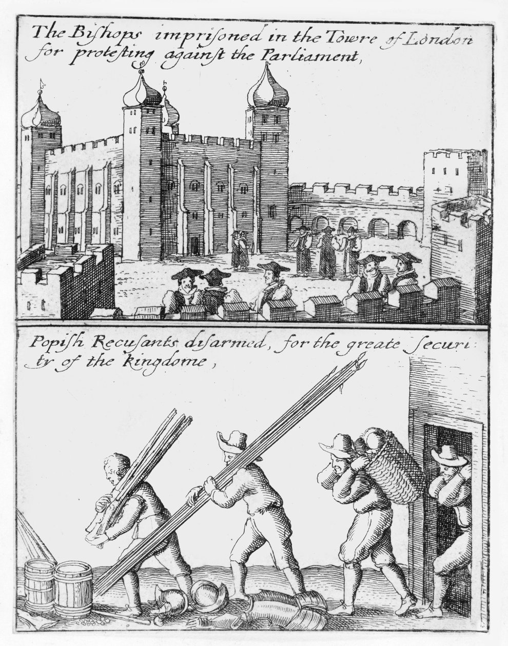 Biskopar fängslade i Tower of London; Popiska recusanter avväpnas av Wenceslaus Hollar