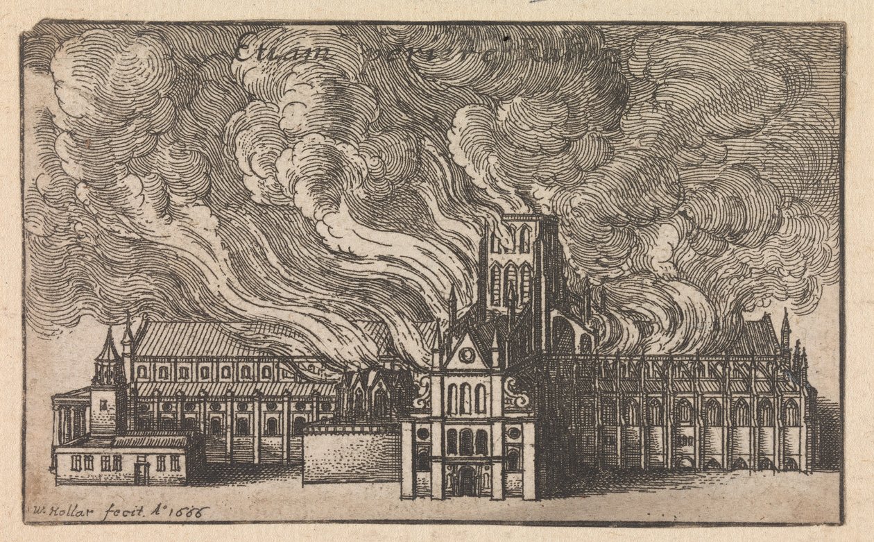 Branden i den gamla St. Paul’s-katedralen under den stora branden i London av Wenceslaus Hollar