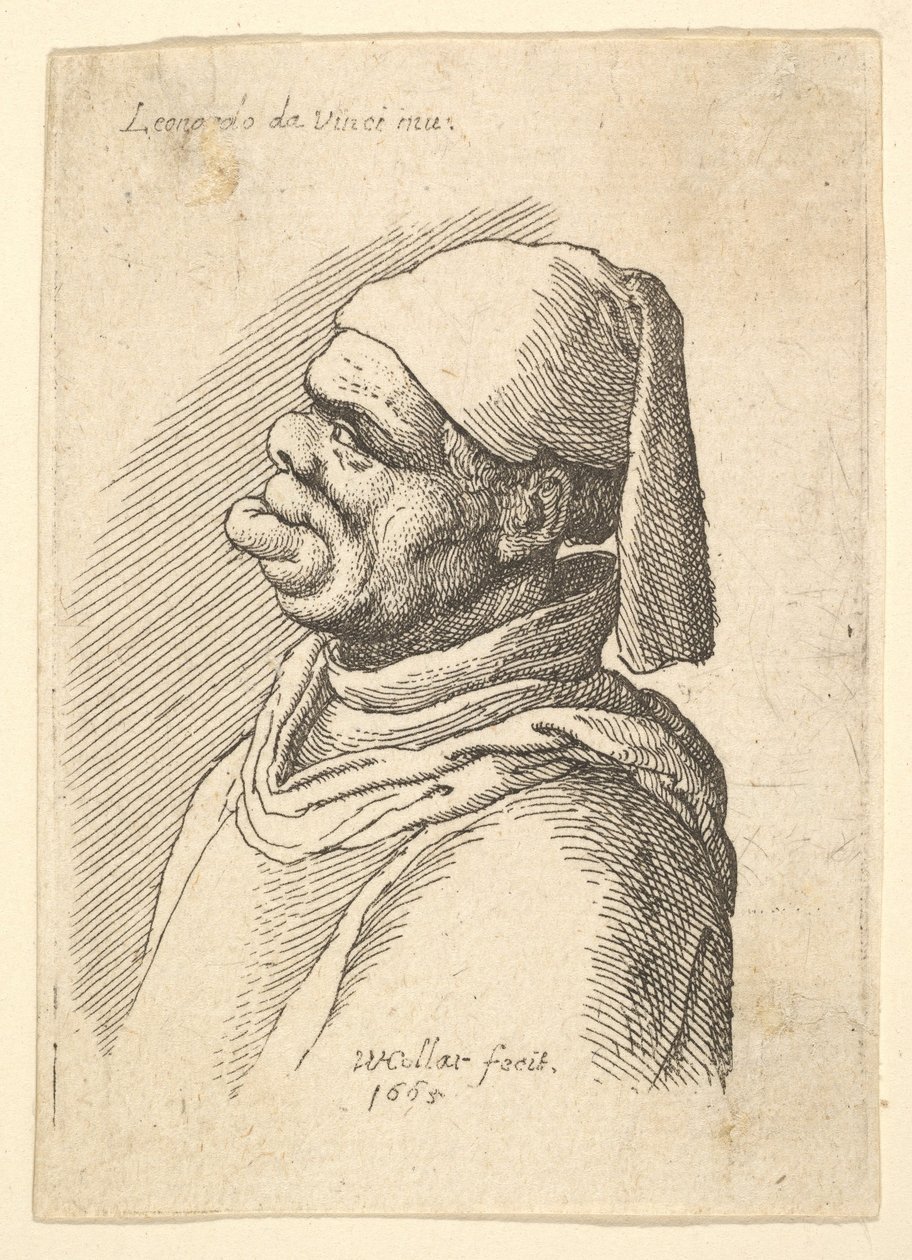 Byst av missbildad man med hatt och fett, utskjutande underläpp i profil till vänster, 1625-77. av Wenceslaus Hollar