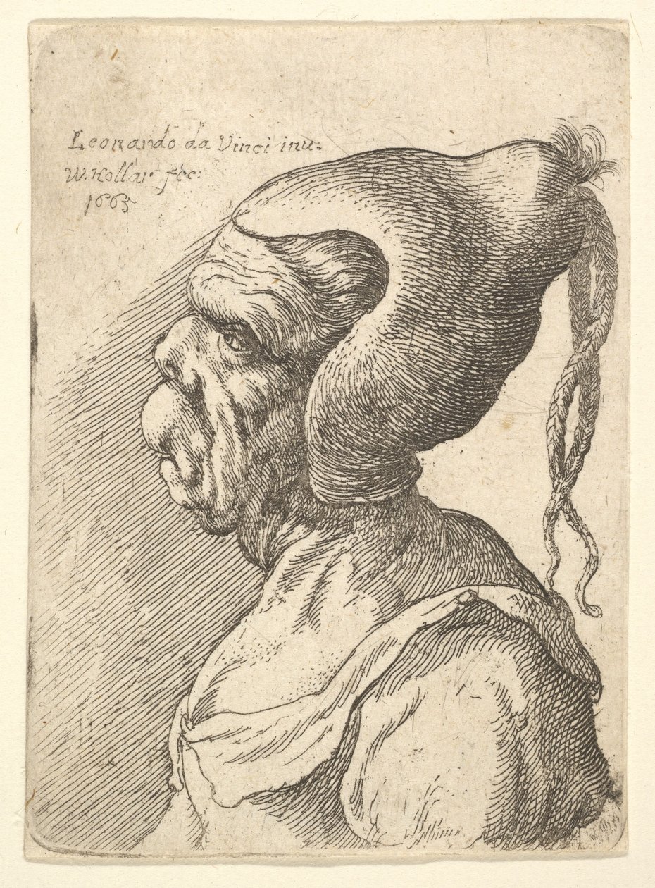 Byst av en missbildad kvinna med konisk hatt och två dinglande flätor i profil till vänster, 1665. av Wenceslaus Hollar