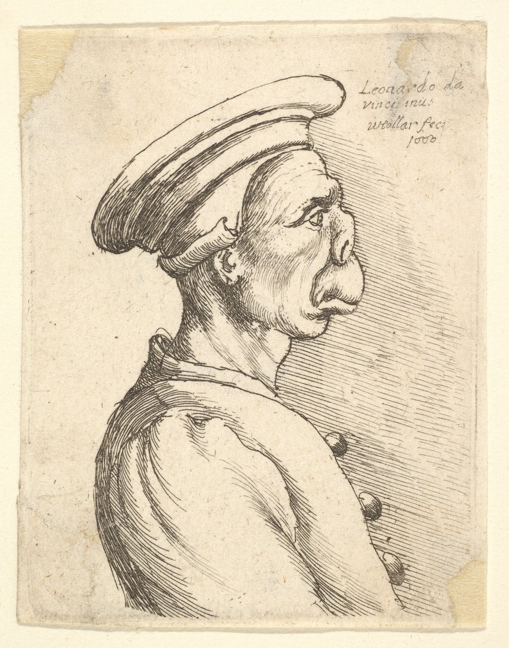 Byst av en man med platt näsa och utstående mun, iklädd platt mössa och knäppt kappa i..., 1660. av Wenceslaus Hollar