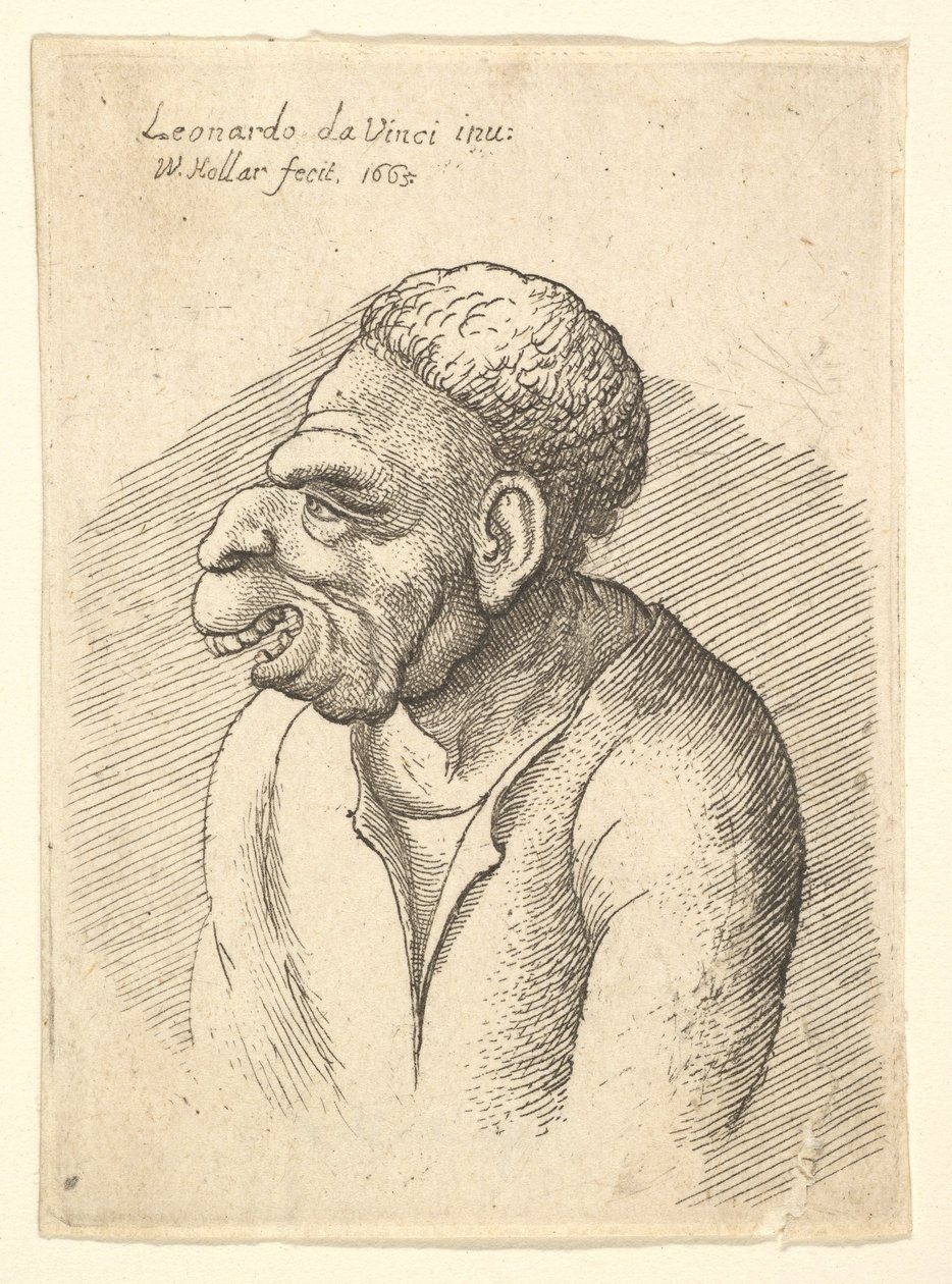 Byst av en man med krokig näsa, framträdande överläpp, öppen mun och kort lockigt hår..., 1665. av Wenceslaus Hollar