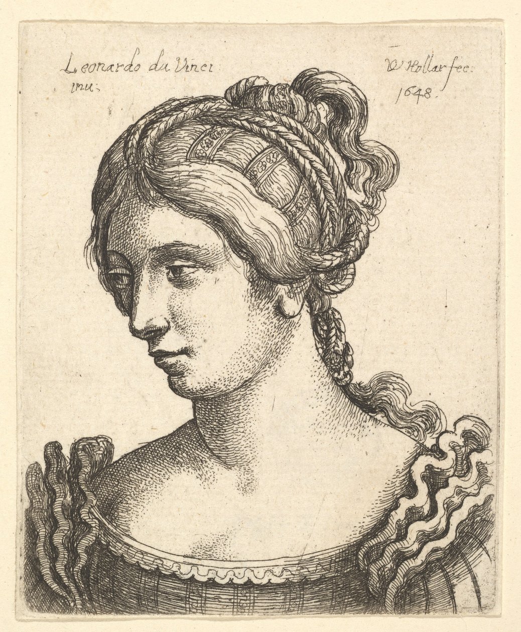 Byst av en kvinna som tittar nedåt åt vänster med utsökt dekorerat hår, 1648. av Wenceslaus Hollar