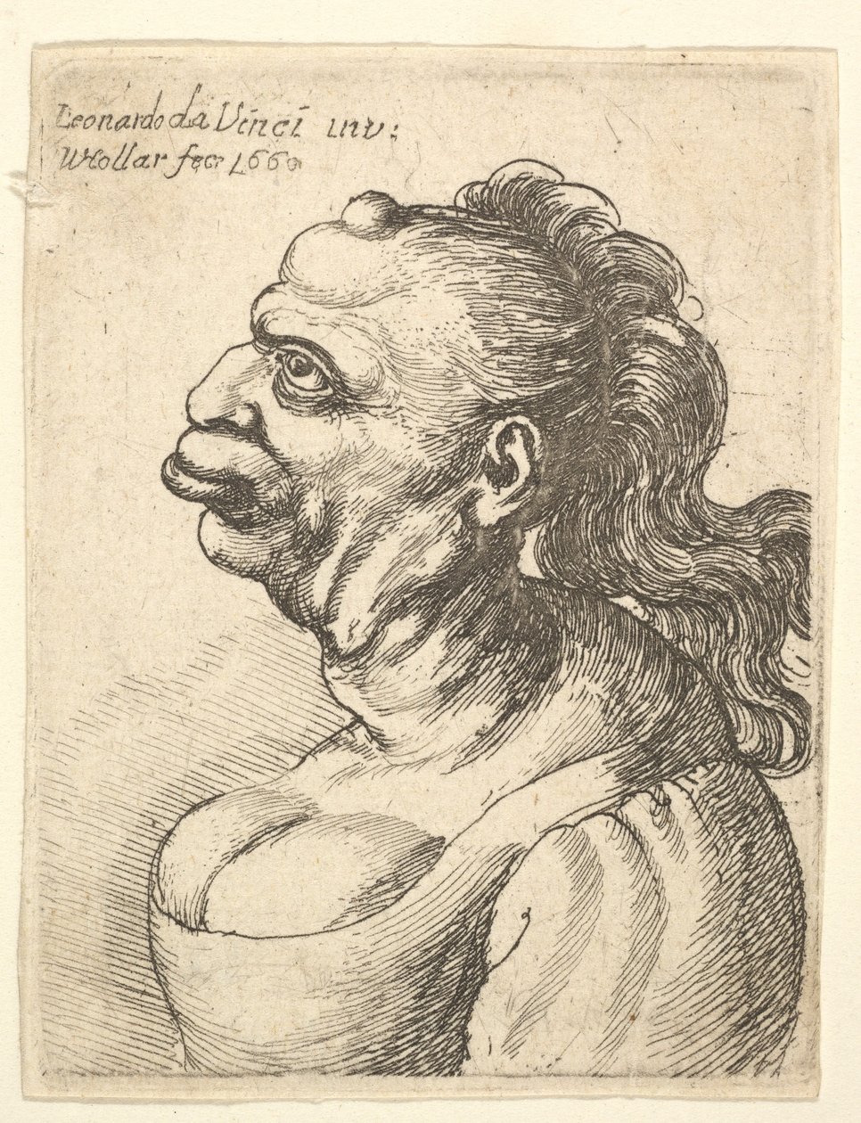 Byst av en kvinna som bär lågt skuren klänning, med utskjutande läpp, utväxt i pannan, promi..., 1660. av Wenceslaus Hollar
