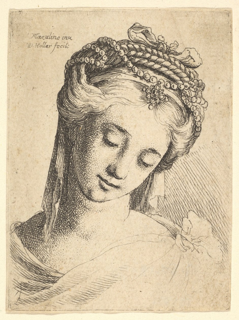Byst av en ung kvinna med utarbetad huvudbonad, tittar ner., 1625-77. av Wenceslaus Hollar