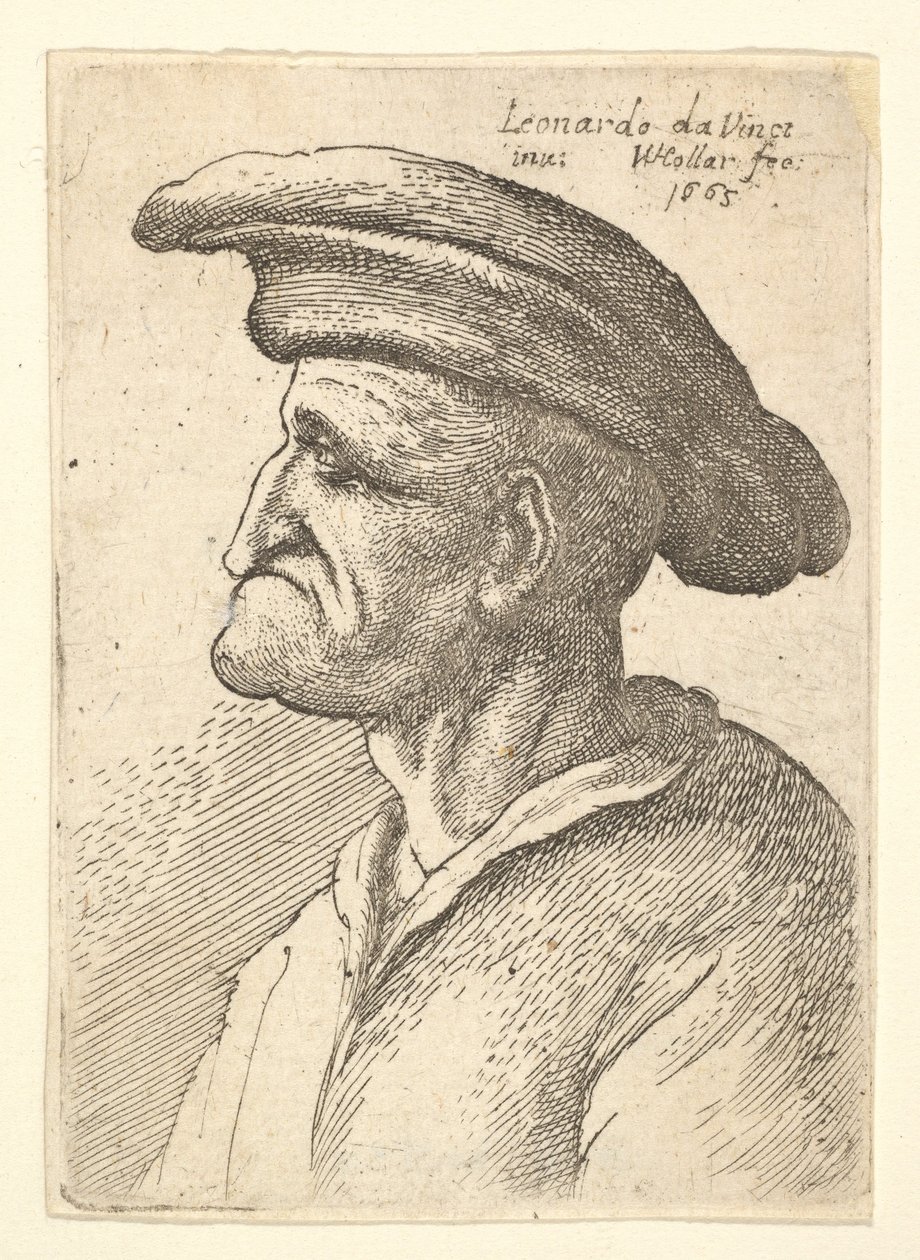 Byst av äldre man med näsa som möter underläppen, bär bred platt mössa i profil t..., 1665. av Wenceslaus Hollar