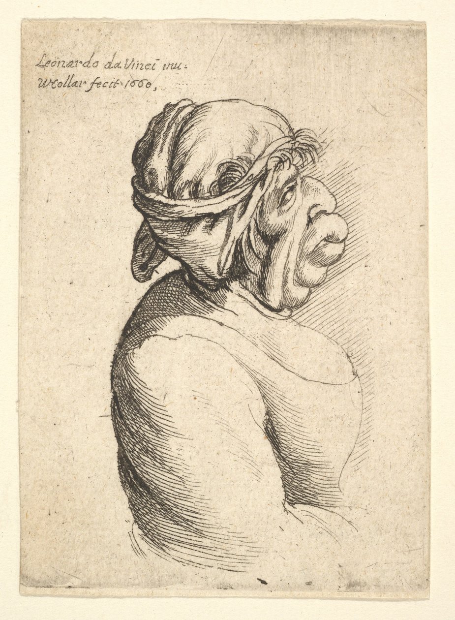 Byst av kvinna med utstående mun iklädd lågskuren klänning och tyg bunden runt hennes huvud..., 1660. av Wenceslaus Hollar