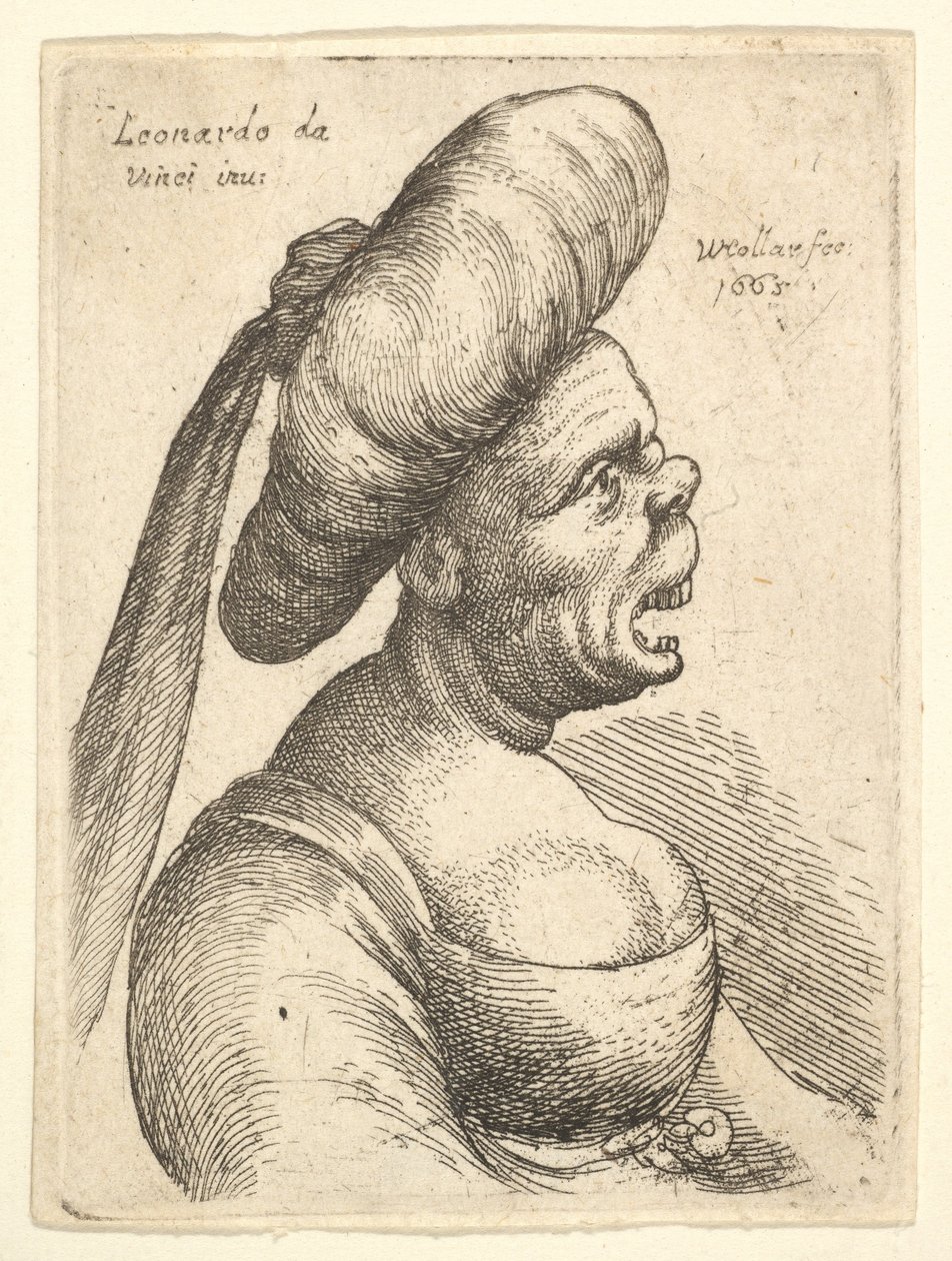 Byst av kvinna med vidöppen mun och uppåtvänd näsa, bär stor platt turban med propp..., 1665. av Wenceslaus Hollar