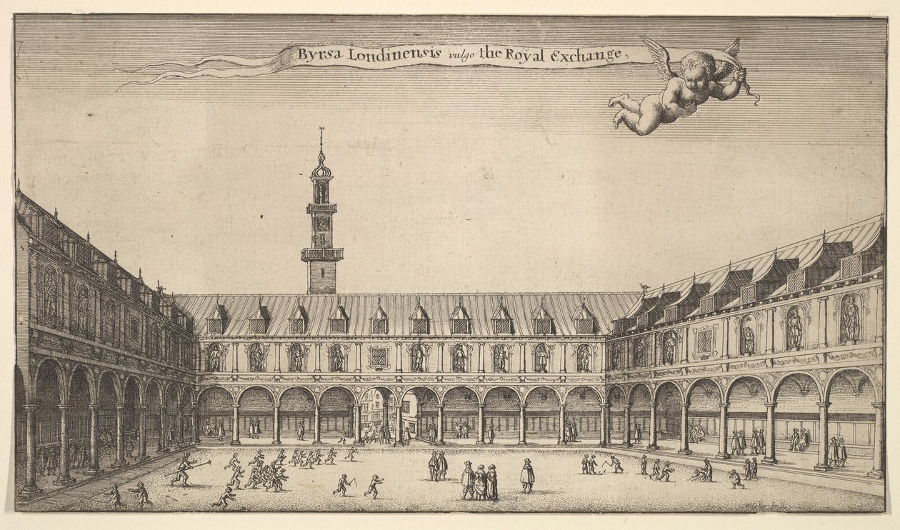 Byrsa of London, allmänt känd som Royal Exchange, Royal Exchange, London, ca. 1647 av Wenceslaus Hollar