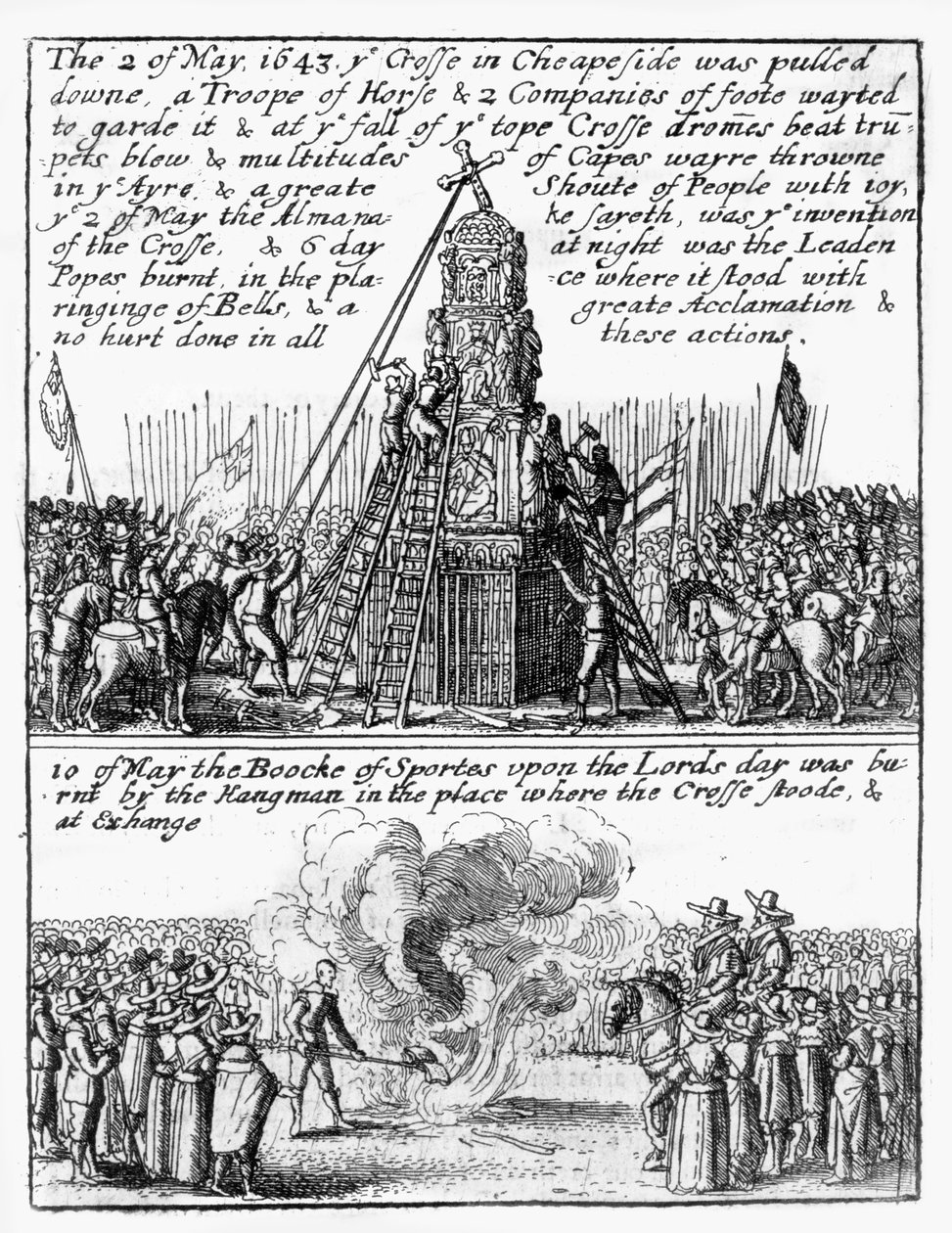 Förstörelse av Cheapside Cross; "Idrottsboken" brann på platsen av Wenceslaus Hollar