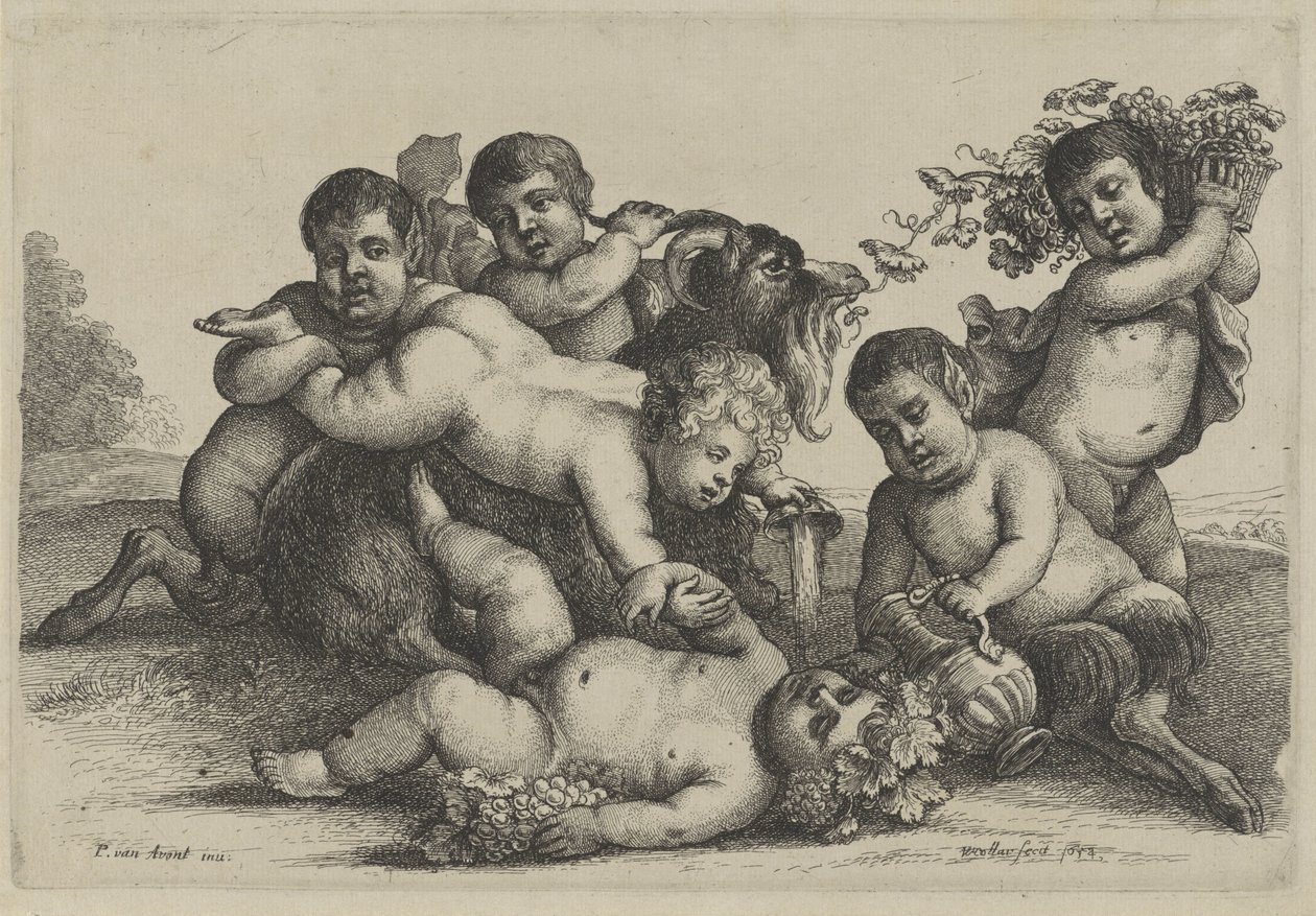 Tre små pojkar, två satyrer och en bacchant en get Putti and Satyrs (serietitel) av Wenceslaus Hollar