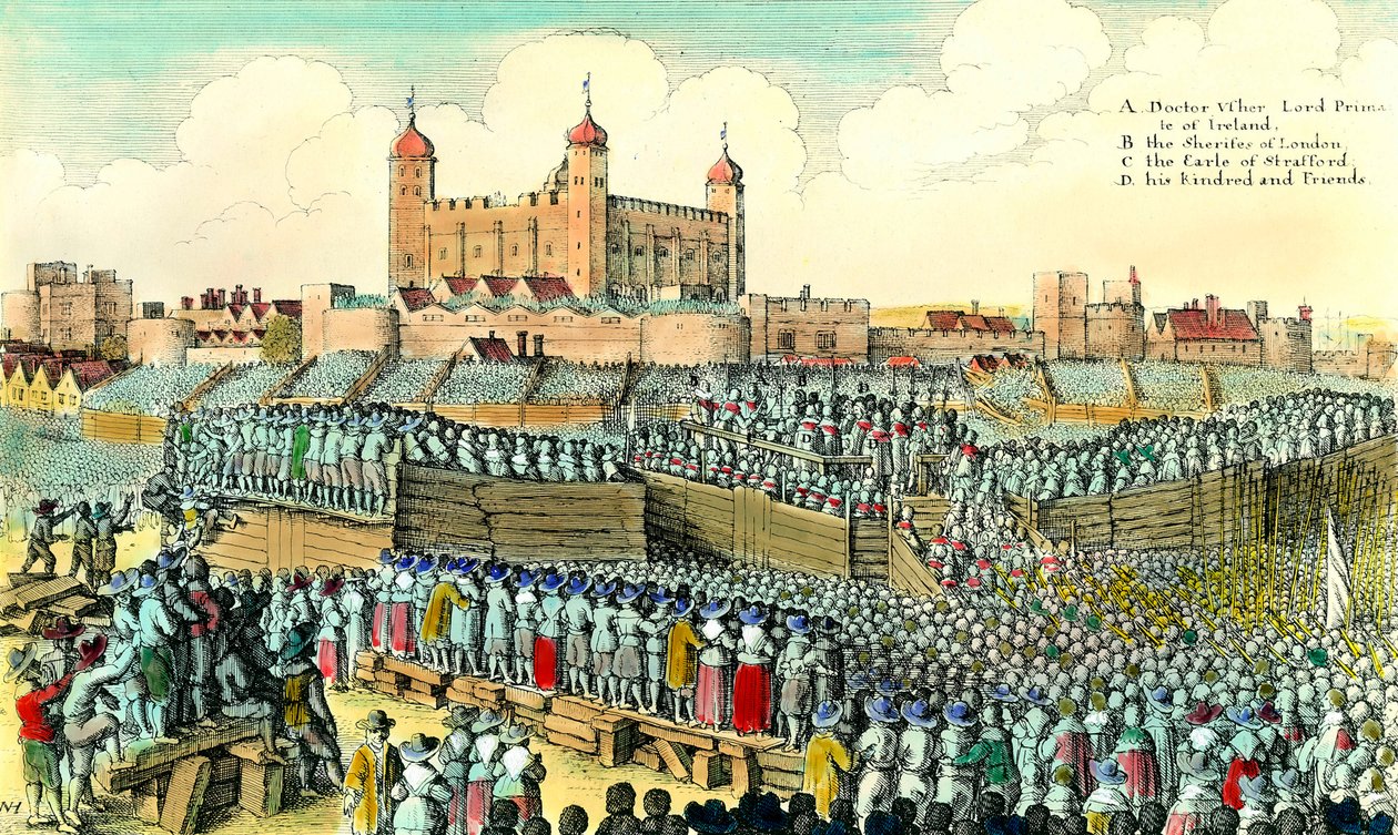 Första engelska revolutionen (1641-1649): avrättning av den engelske politikern Thomas Wentworth de Strafford (1593-1641) den 12/05/1641 vid Tower Hill i London. Gravyr av Wenceslaus Hollar (1607-1677) Privat samling från 1600-talet av Wenceslaus Hollar