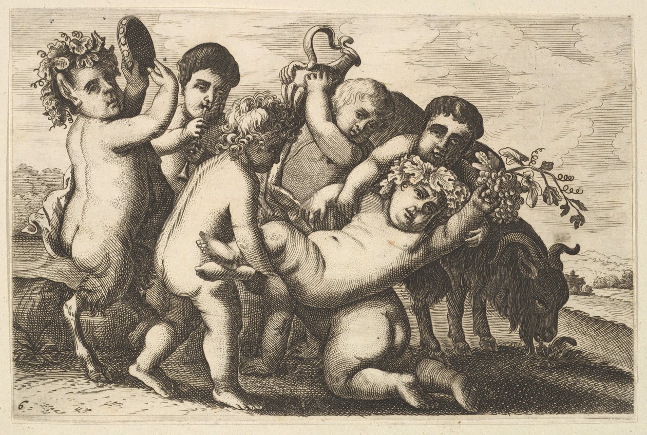 Fem pojkar, två satyrer och en getkopia, 1600-tal. av Wenceslaus Hollar