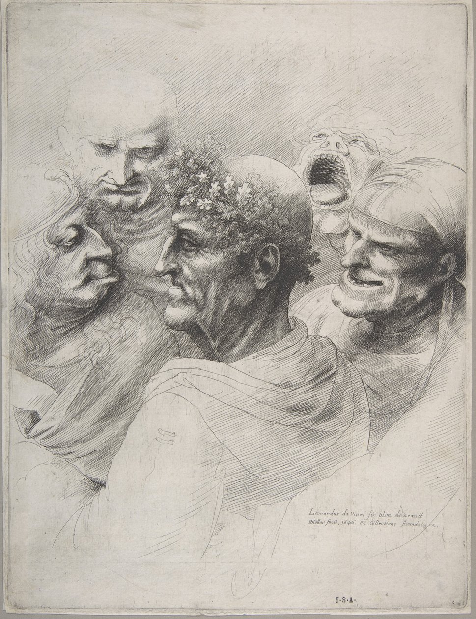 Fem groteska huvuden, inklusive en äldre man med en eklövskrans, 1646., 1646. av Wenceslaus Hollar