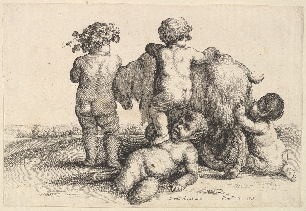 Fyra pojkar, en ung satyr och en get, 1647. av Wenceslaus Hollar