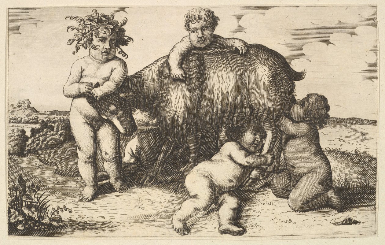 Fyra pojkar, en ung satyr, och en get kopia på omvänd, 1600-tal. av Wenceslaus Hollar