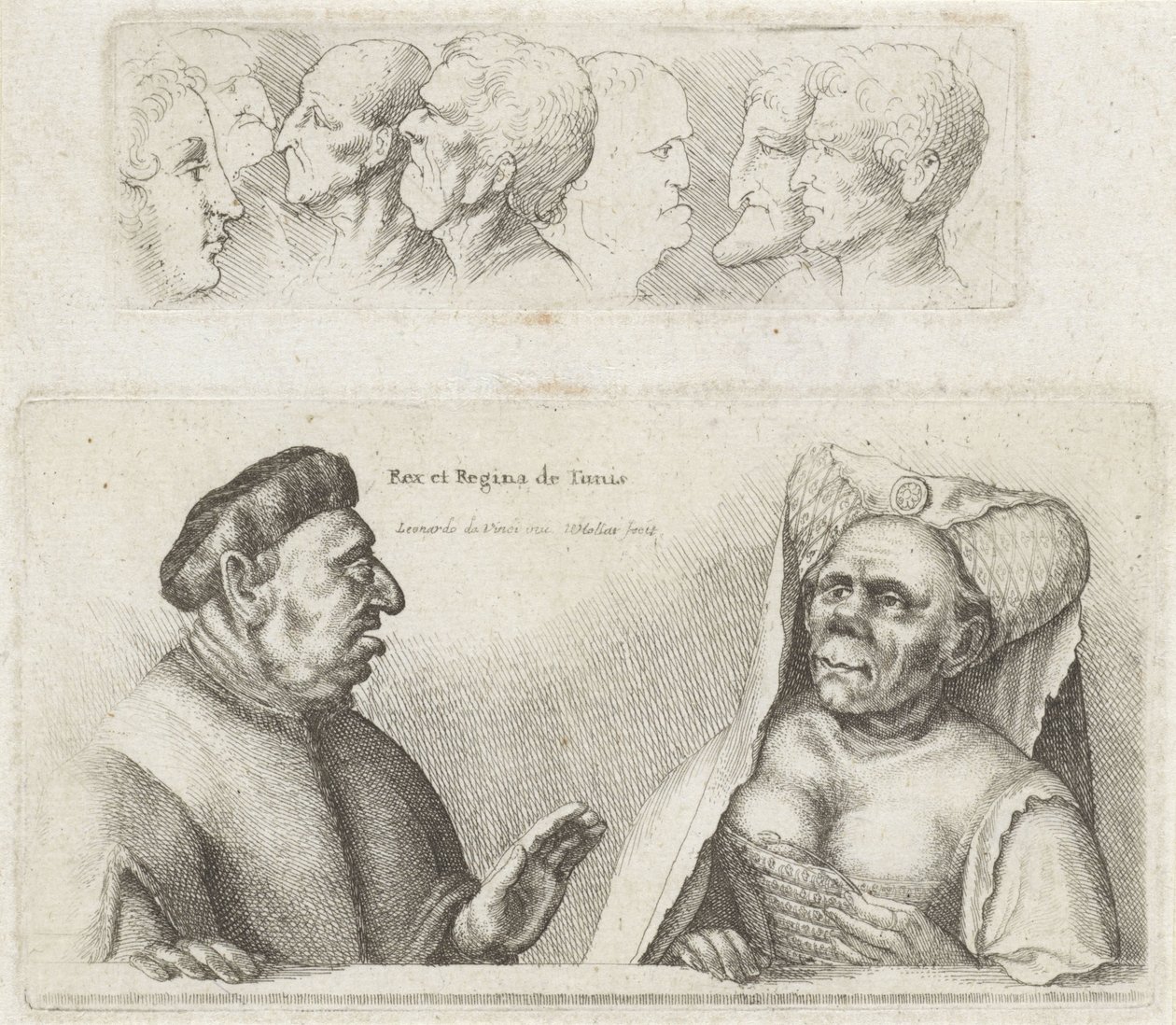 Frisiska med studiehuvuden / karikatyrer av kungen och drottningen av Tunisien Rex et Regina de Tunis (titel på objekt) Varie figurae et probae (serietitel) Karikatyrer, huvuden och missbildningar efter Leonardo da Vinci (serietitel) av Wenceslaus Hollar