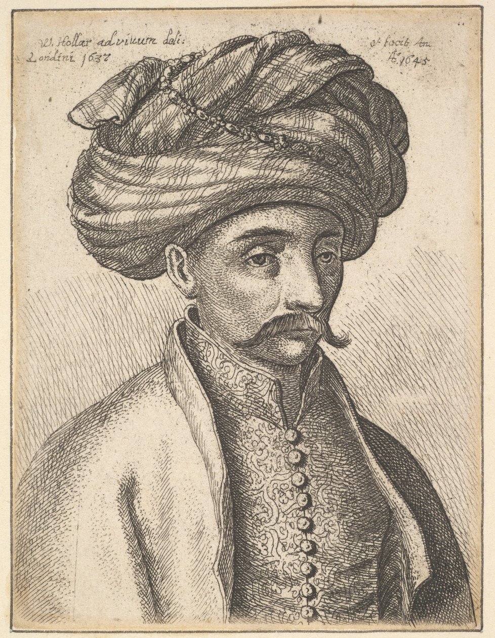 Huvud och axlar på en turkisk man med mustasch och en stor turban av Wenceslaus Hollar