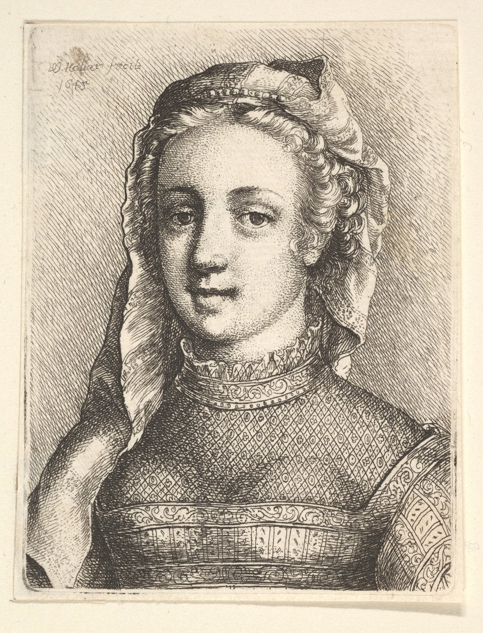 Huvud och axlar av en kvinna med slöja och genomskinlig halsduk, 1645. av Wenceslaus Hollar