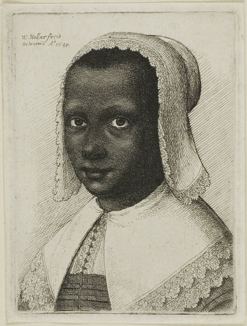 Huvudet på en svart kvinna med en spetsduk av Wenceslaus Hollar