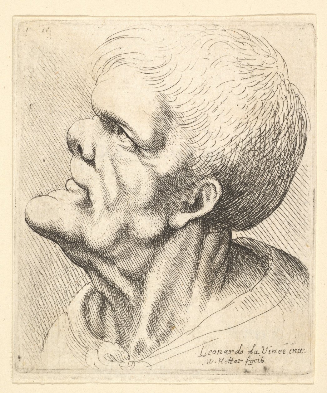 Huvudet på en man med utskjutande haka och snuvad näsa tittar uppåt i profil till vänster, 1625-77. av Wenceslaus Hollar