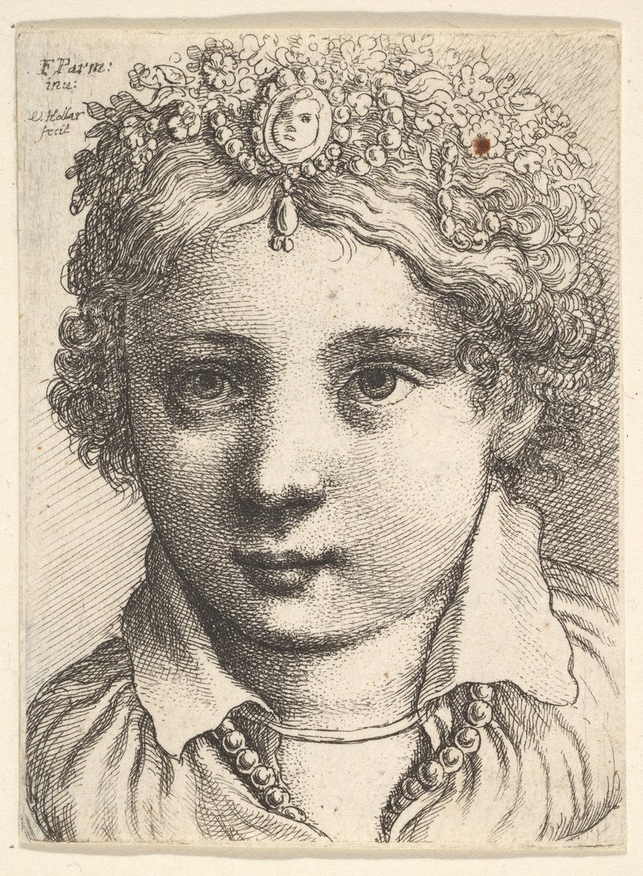 Huvudet på en ung flicka som bär en huvudbonad med juveler, ca. 1645. av Wenceslaus Hollar