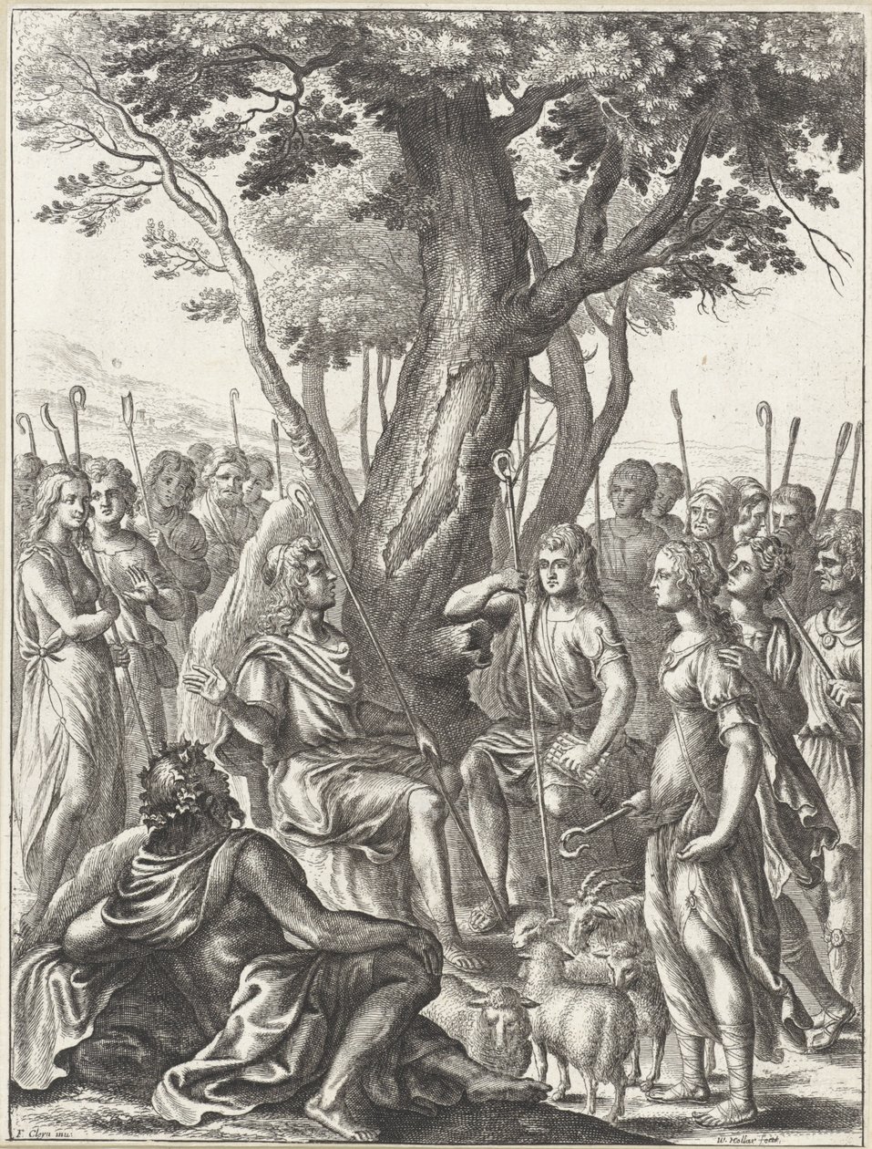 Shepherd Meliboeus dömer spelet med herdarna Corydon och Thyrsis Verk av Virgil (serietitel) av Wenceslaus Hollar