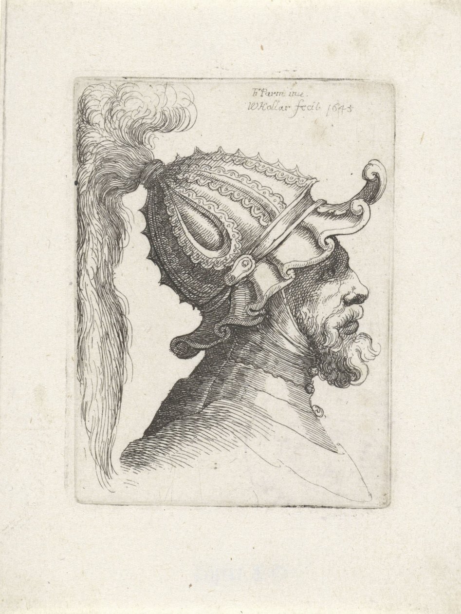 Huvudet av en man med plymerad hjälm Huvuden med hjälmar till Parmigianino (serietitel) av Wenceslaus Hollar