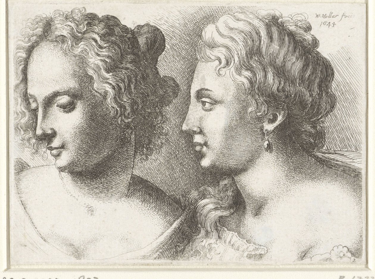 Huvuden av två unga kvinnor Varie figurae et probae (serietitel) Karikatyrer, huvuden och missbildningar efter Leonardo da Vinci (serietitel) av Wenceslaus Hollar