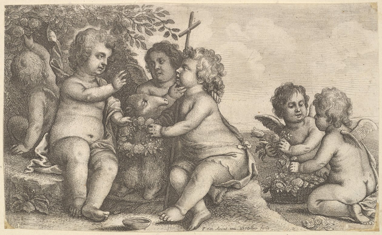 Jesus, Johannes Döparen och fyra keruber, 1625-77. av Wenceslaus Hollar