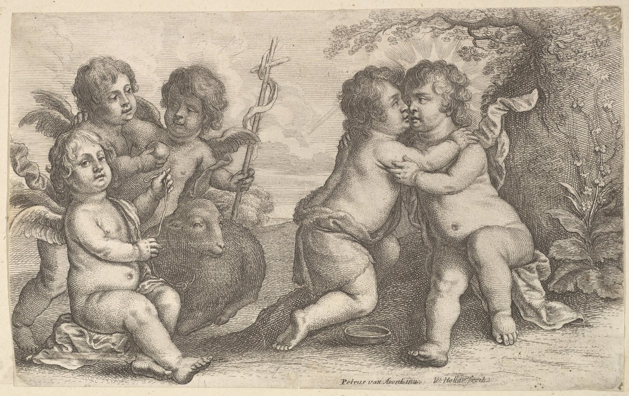 Jesus och St. Johannes omfamnar, med keruber, 1646. av Wenceslaus Hollar
