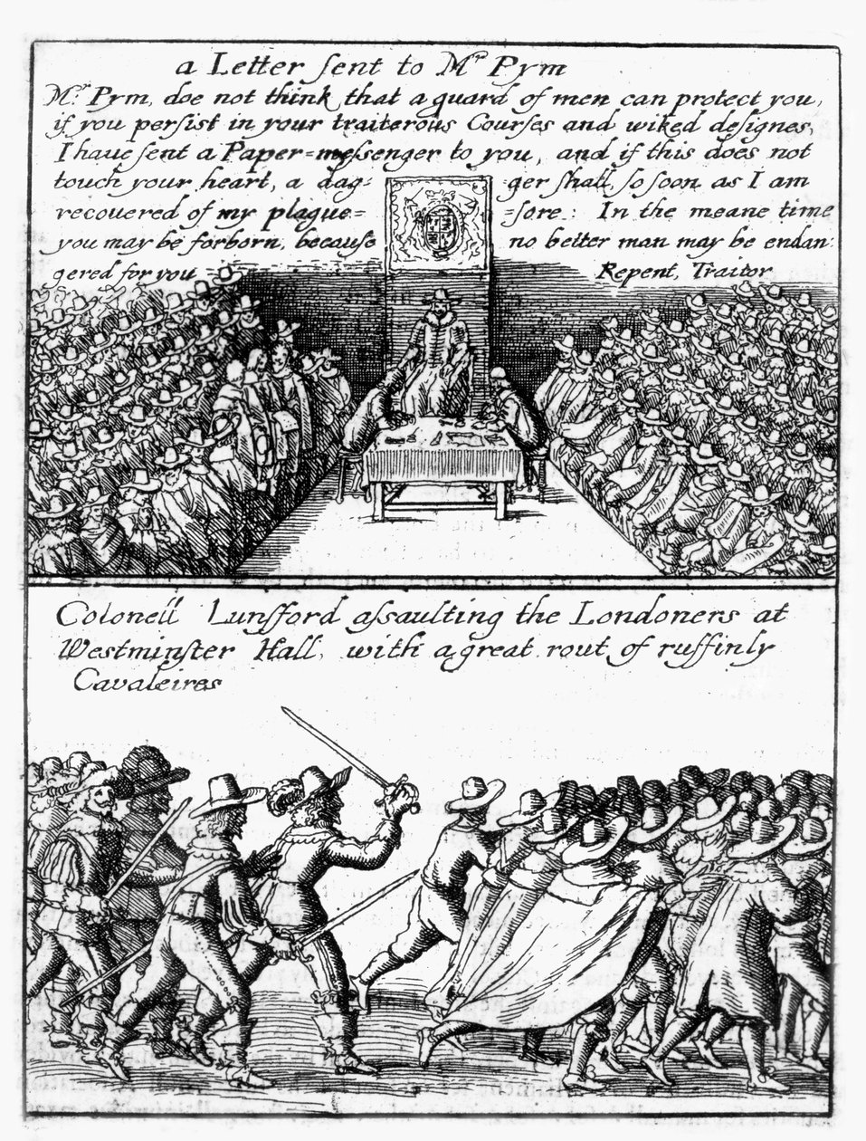 John Pym läser upp ett brev i underhuset; Överste Thomas Lunsford och hans soldater attackerar Londonbor av Wenceslaus Hollar