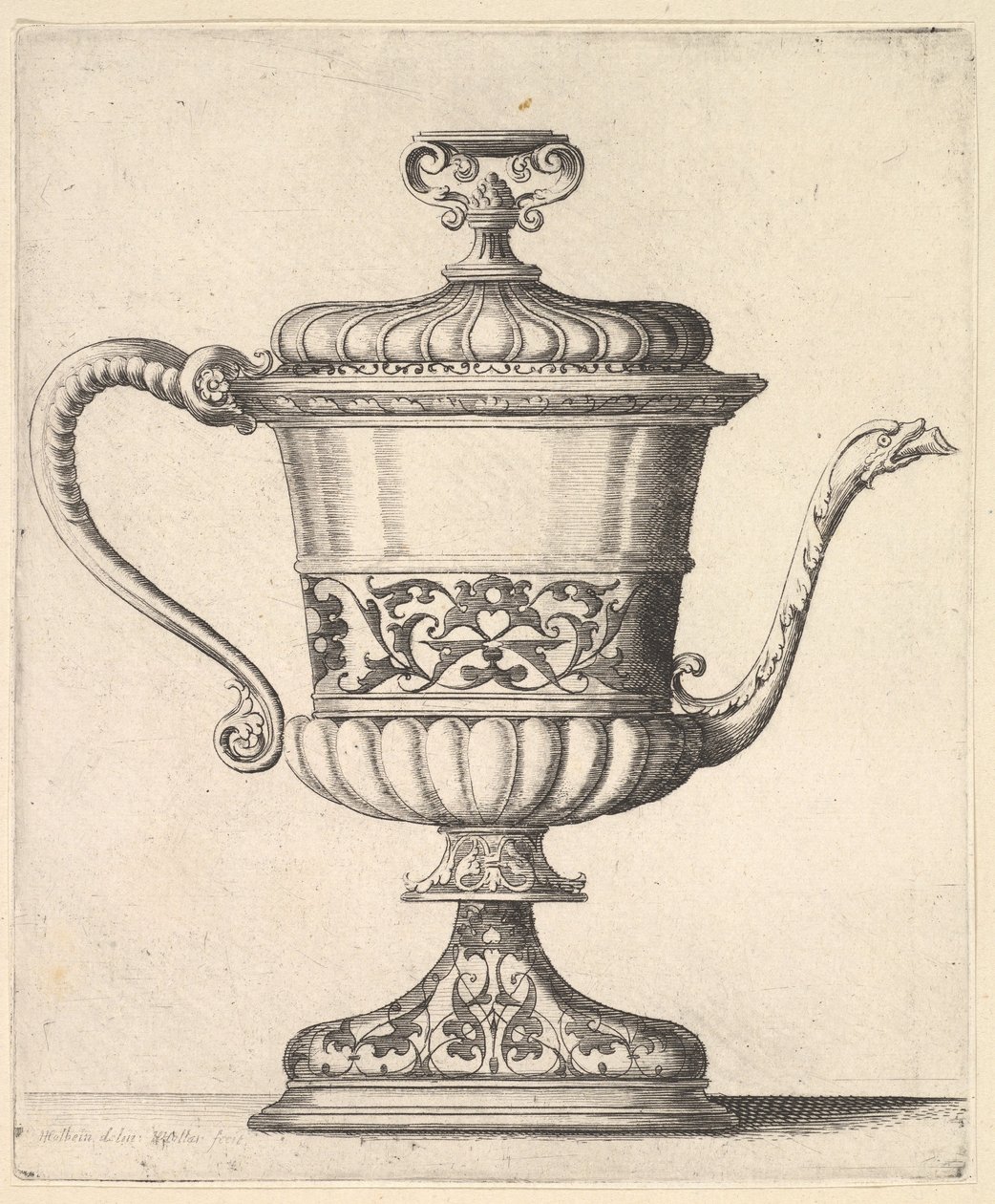 Kanna med lock, graverad med arabeskmönster, den smala pipen till höger slutar på snak..., 1625-77. av Wenceslaus Hollar
