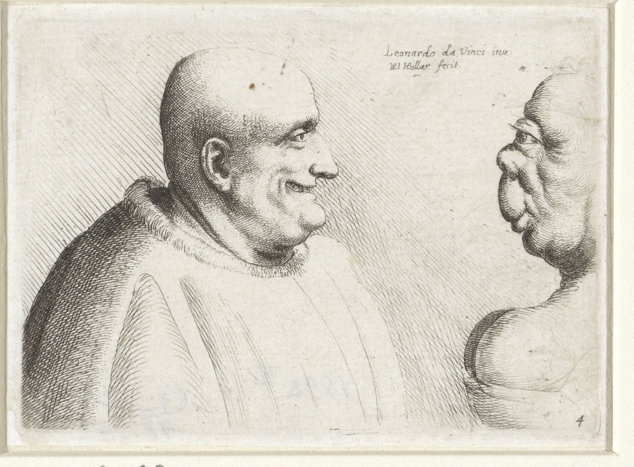 Huvuden på en stor skallig man och grotesk kvinna Varie figurae et probae (serietitel) Karikatyrer, huvuden och missbildningar efter Leonardo da Vinci (serietitel) av Wenceslaus Hollar