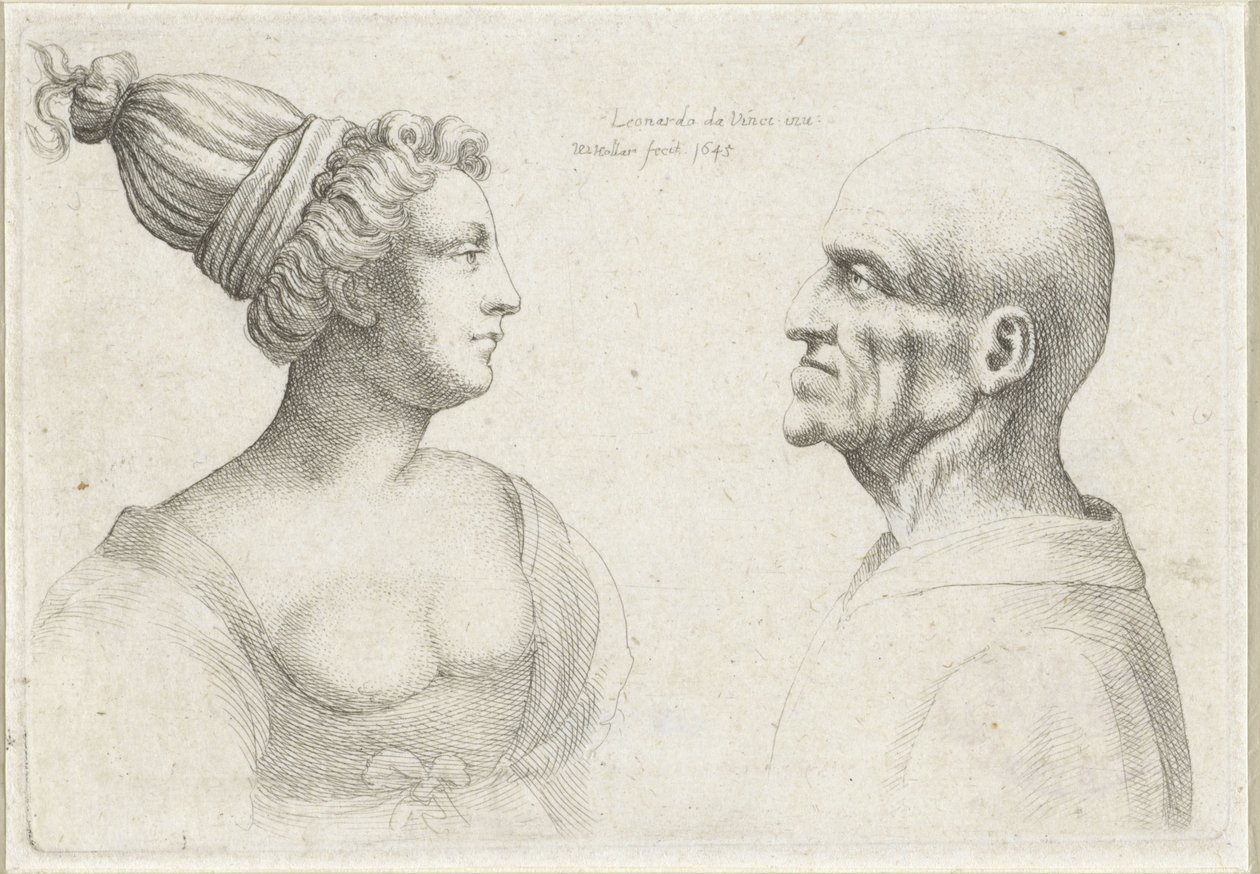 Huvuden på en skallig man och kvinna med turbaner Varie figurae et probae (serietitel) Karikatyrer, huvuden och missbildningar efter Leonardo da Vinci (serietitel) av Wenceslaus Hollar