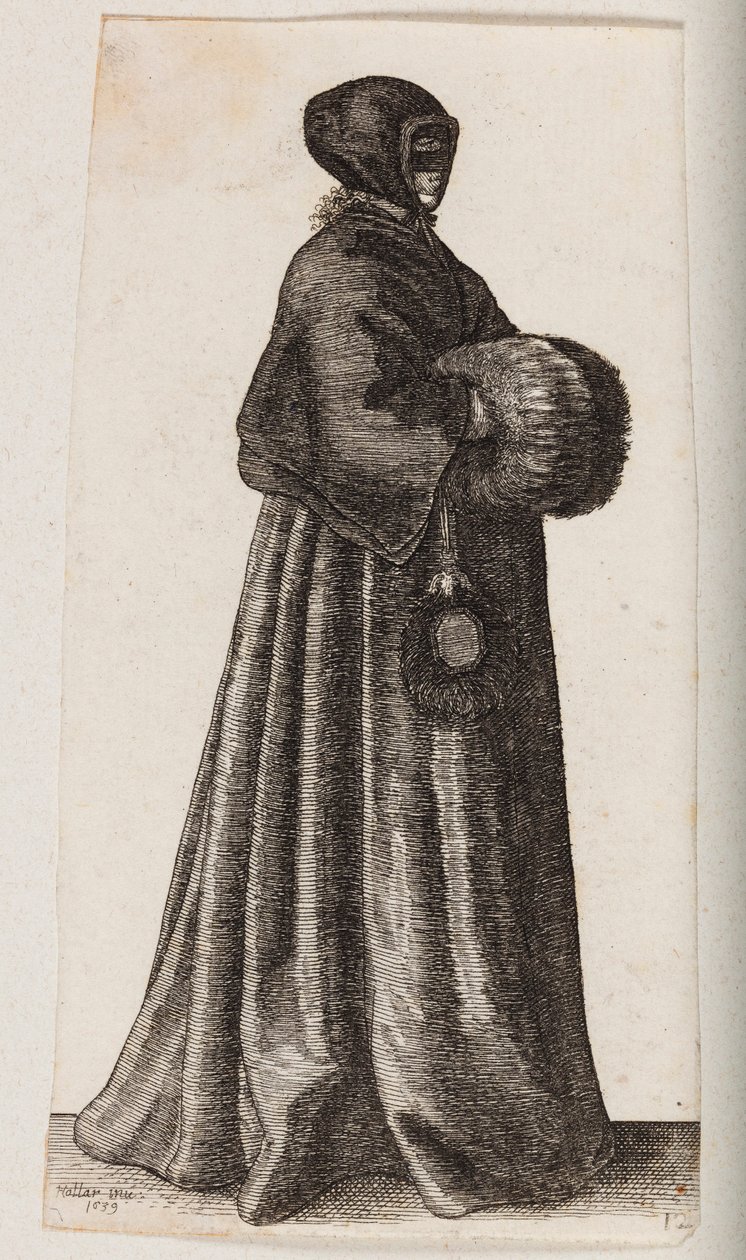 Kvinna klädd i svart med mask, huvudduk och muff av Wenceslaus Hollar