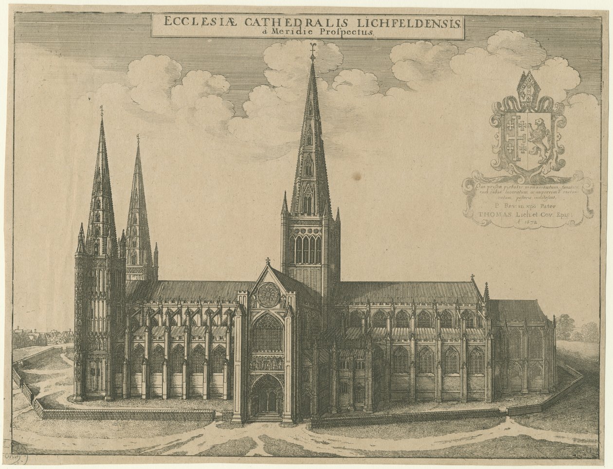 Lichfield Cathedral - South View: gravyr av Wenceslaus Hollar
