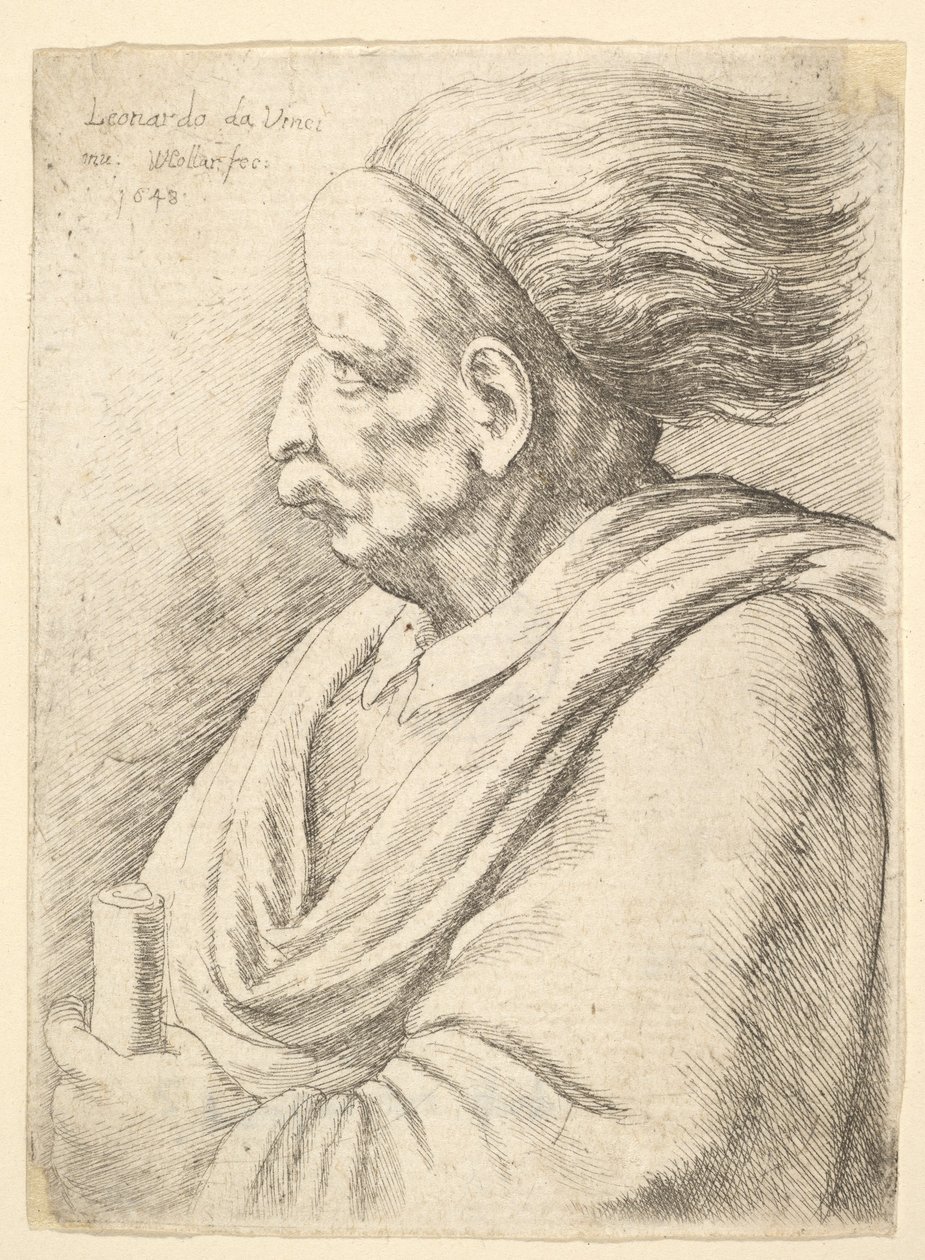 Man med karikerade drag och hår som strömmar bakom, i halvlängd till vänster, 1648. av Wenceslaus Hollar