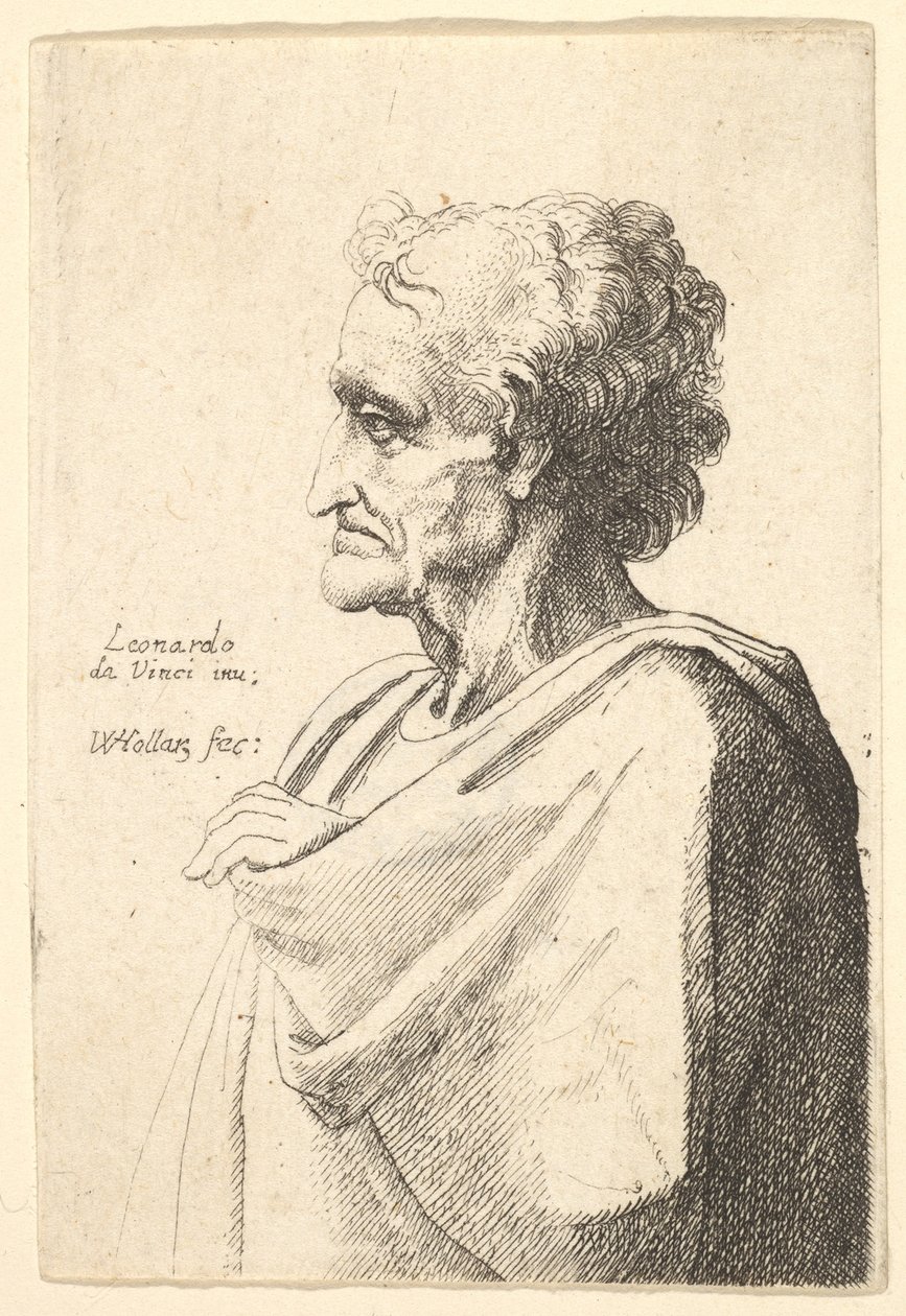 Man med ett bedrövligt uttryck till vänster med handen framträdande ur manteln, 1625-77. av Wenceslaus Hollar