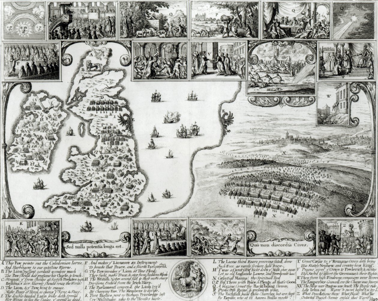 Karta över inbördeskriget England och utsikt över Prag, 1632 av Wenceslaus Hollar