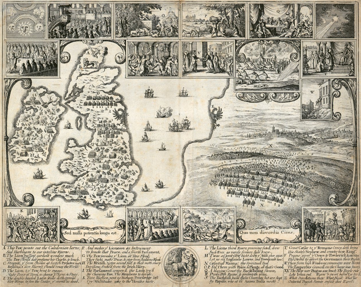 Karta över de brittiska öarna och illustrationer av 1600-talets historiska händelser, c1659 av Wenceslaus Hollar