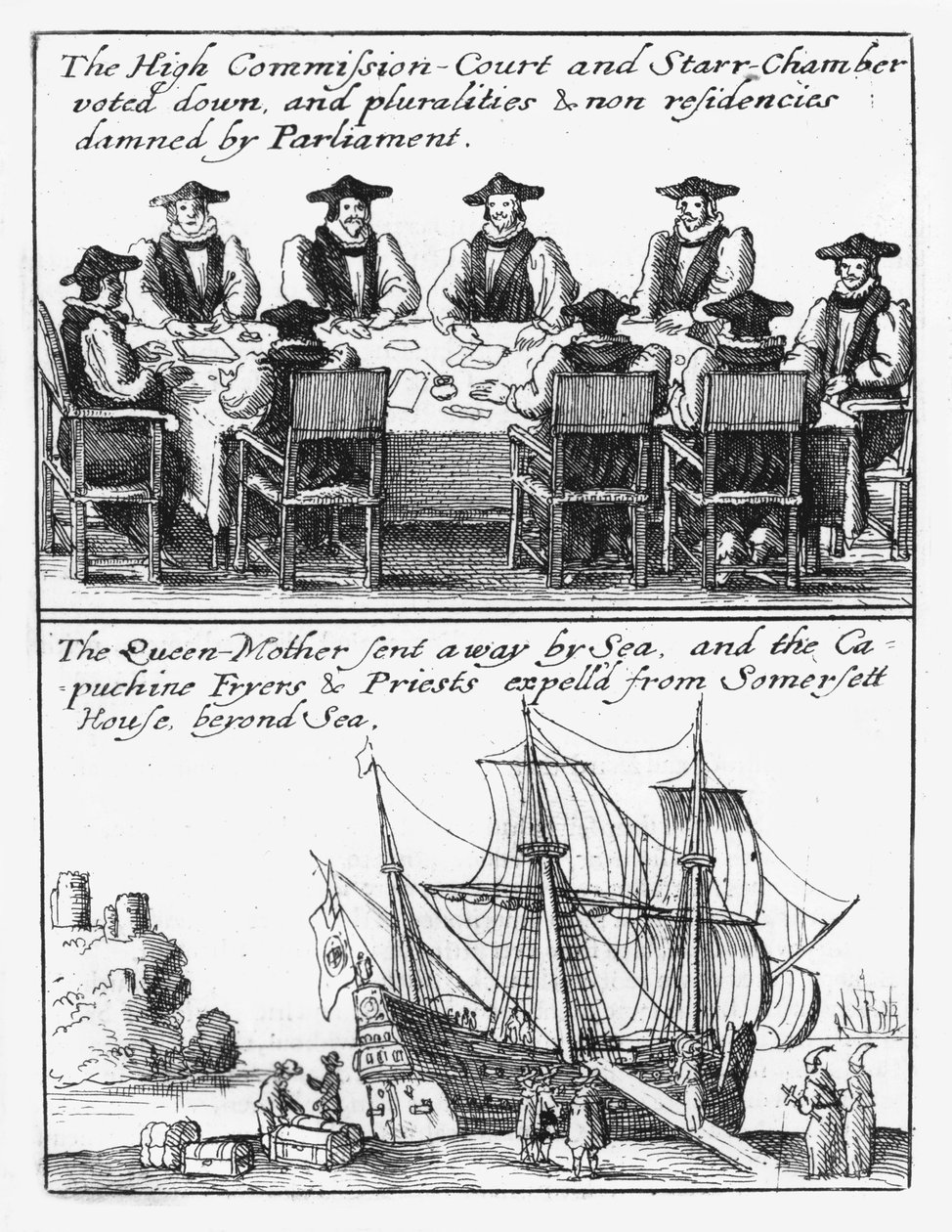 ledamöter av stjärnkammaren; Drottning Henrietta Maria seglar från England av Wenceslaus Hollar