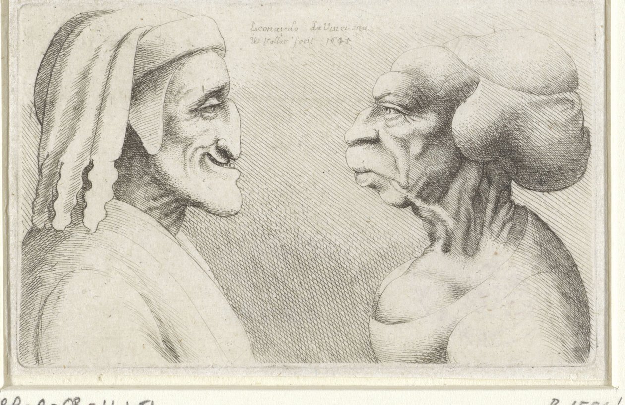 Deformerade karikatyrhuvuden av en man med hatt (Dante?) och en kvinna Varie figurae et probae (serietitel) Karikatyrer, huvuden och missbildningar efter Leonardo da Vinci (serietitel) av Wenceslaus Hollar