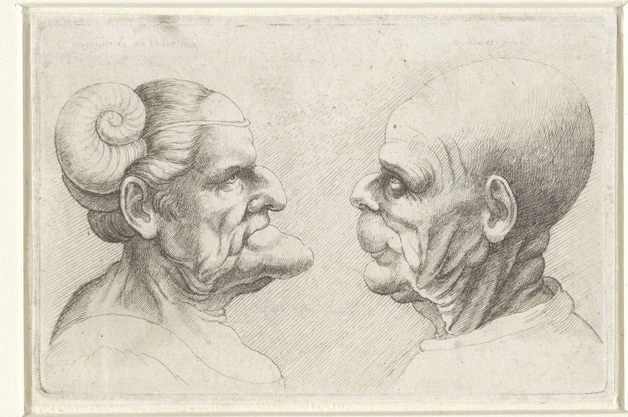 Deformerade huvuden på en skallig man och kvinna med horn på huvudet Varie figurae et probae (serietitel) Karikatyrer, huvuden och missbildningar efter Leonardo da Vinci (serietitel) av Wenceslaus Hollar