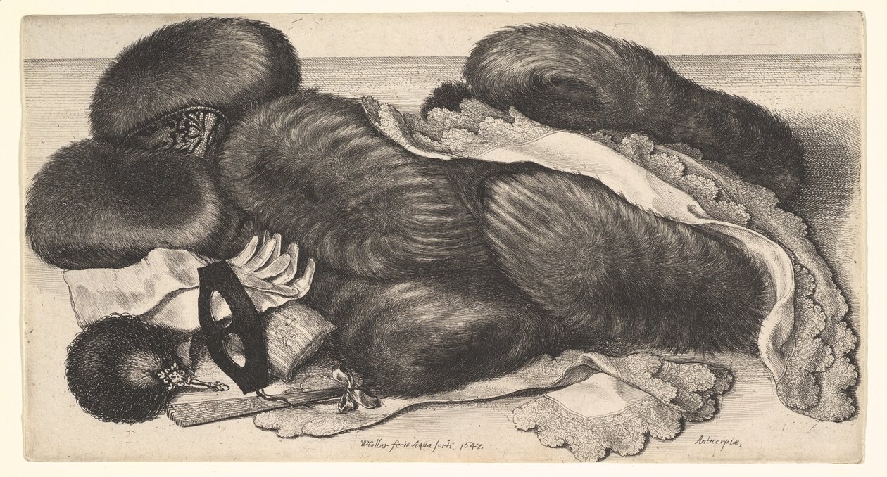 Muffar och klädesplagg på ett bord av Wenceslaus Hollar