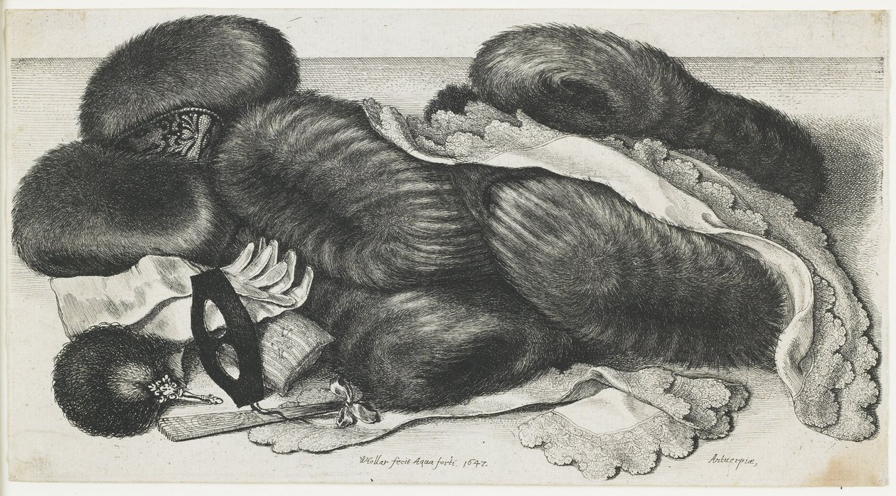 Muffar och klädesplagg på ett bord, 1647 av Wenceslaus Hollar